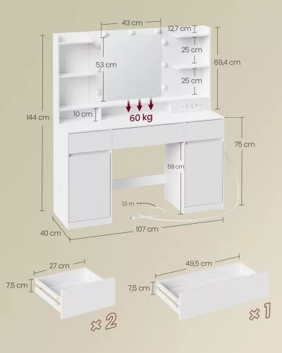 Masă de toaletă cu iluminare LED, oglindă cu priză integrată, albă 107x40x144cm