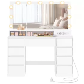   Masă de toaletă, cu oglindă, cu iluminare LED, cu 9 sertare, alb, 107 x 40 x 144 cm