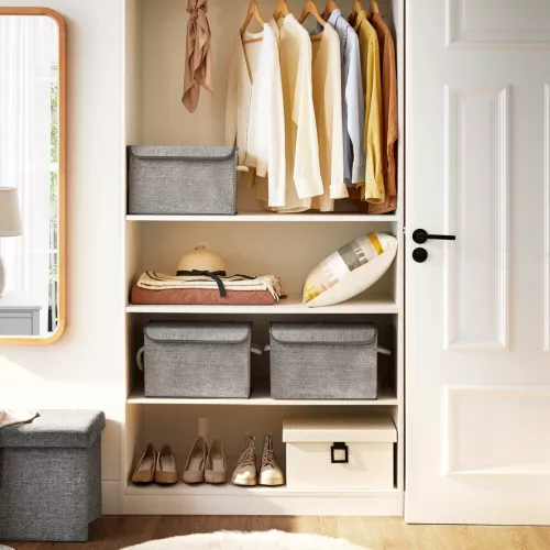 Textil tárolódobozok felnyitható tetővel 3db, szürke, lenvászon minta, 38 x 25 x 25