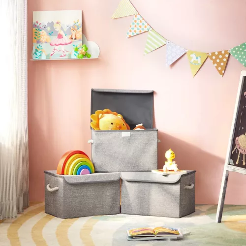 Textil tárolódobozok felnyitható tetővel 3db, szürke, lenvászon minta, 38 x 25 x 25