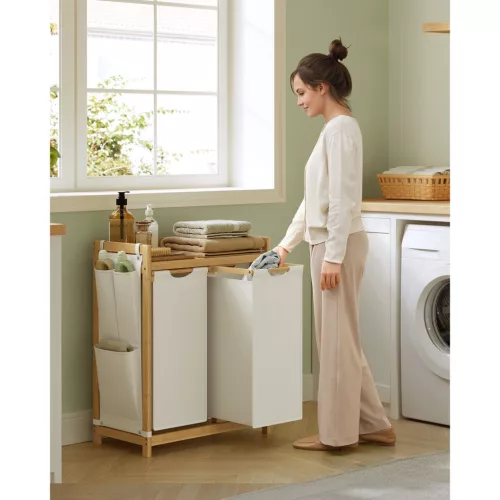 Coș de rufe din bambus cu 2 compartimente, 2x50 L