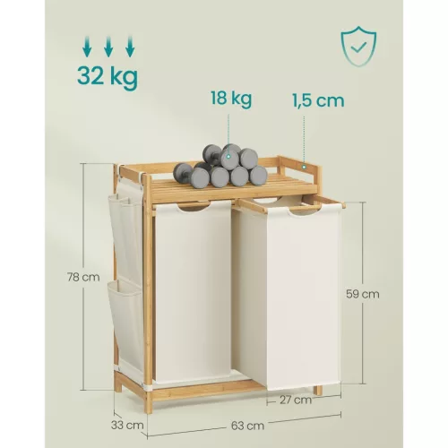 Coș de rufe din bambus cu 2 compartimente, 2x50 L