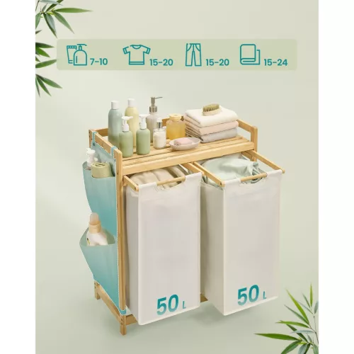 Coș de rufe din bambus cu 2 compartimente, 2x50 L