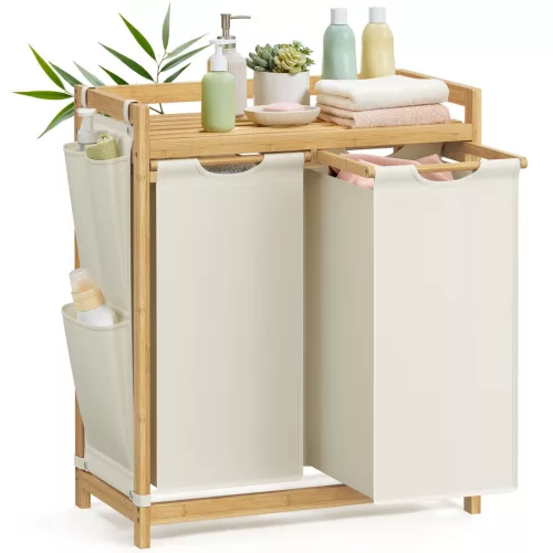 Coș de rufe din bambus cu 2 compartimente, 2x50 L