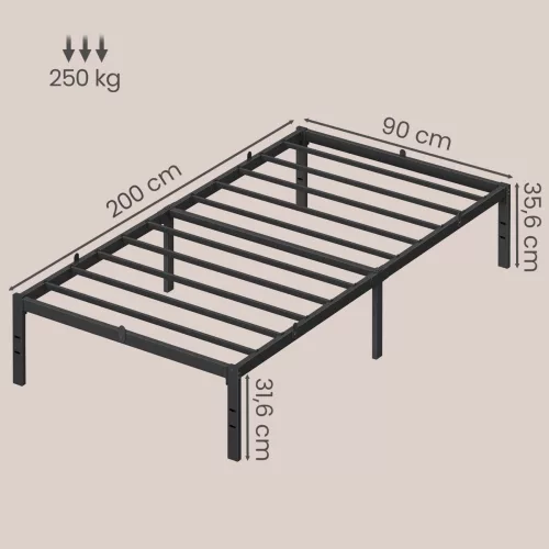 Cadru de pat, pentru o persoană, metal, cu spațiu de depozitare sub pat, pentru saltea 90 x 200 cm, negru