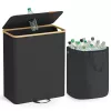 Coș pentru colectarea sticlelor, coș de gunoi selectiv, 140 l, cu capac, cu margine din bambus, negru