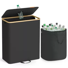   Coș pentru colectarea sticlelor, coș de gunoi selectiv, 140 l, cu capac, cu margine din bambus, negru