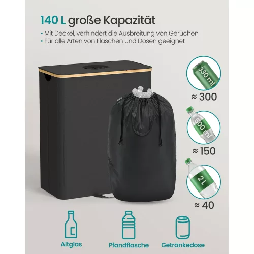 Coș pentru colectarea sticlelor, coș de gunoi selectiv, 140 l, cu capac, cu margine din bambus, negru