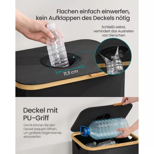 Coș pentru colectarea sticlelor, coș de gunoi selectiv, 140 l, cu capac, cu margine din bambus, negru