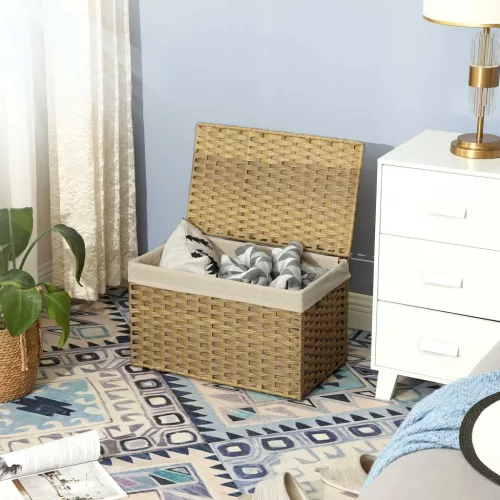 Rattan stílusú tárolódoboz, 65L, dekoratív, természetes