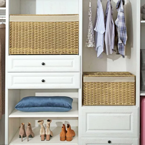 Rattan stílusú tárolódoboz, 65L, dekoratív, természetes