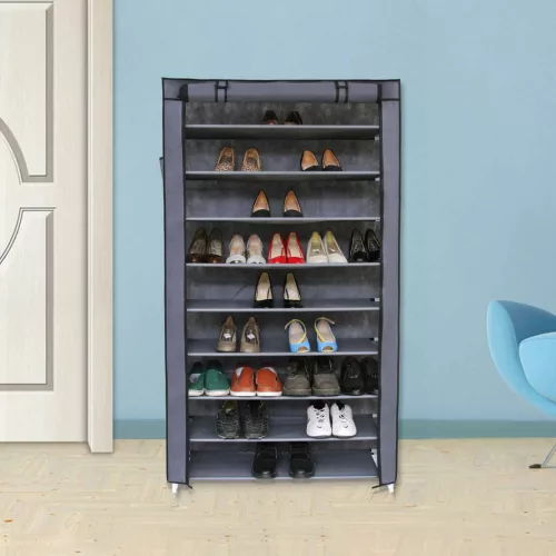 Dulap pentru pantofi, 10 niveluri, cu capac anti-praf, gri 88x28x160cm