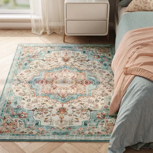 Covor 120 x 170 cm, lavabil, antiderapant, albastru-turcoaz